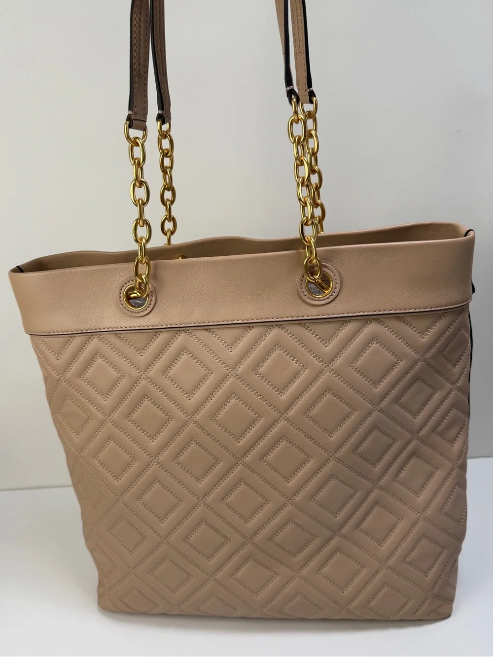 Tory Burch FLEMING Tote Quilted Leather Dual Chain Straps New Mink Like New